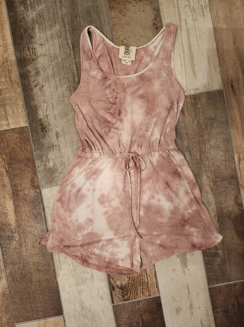 Women's Pink Tie-Dye Drawstring Tank Romper